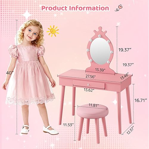 Miniatura 4 de Vabches Juego de tocador para niños con luces, juego de tocador con espejo y taburete, mesa de maquillaje de madera para princesas con cajón para