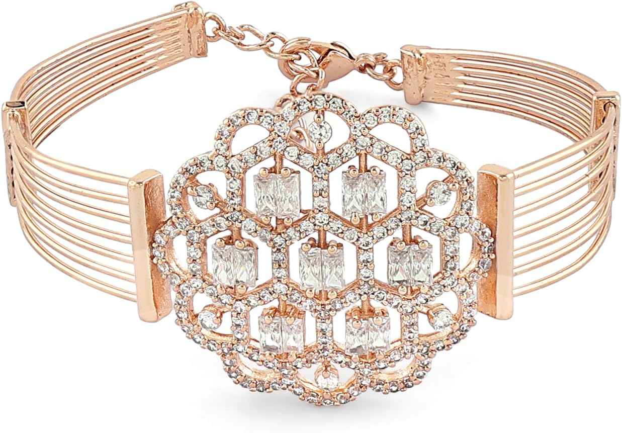 Rose Gold Dazzling Cubic Zirconia Embellished Brass Kada Bracelet For Women-ZPFK16892