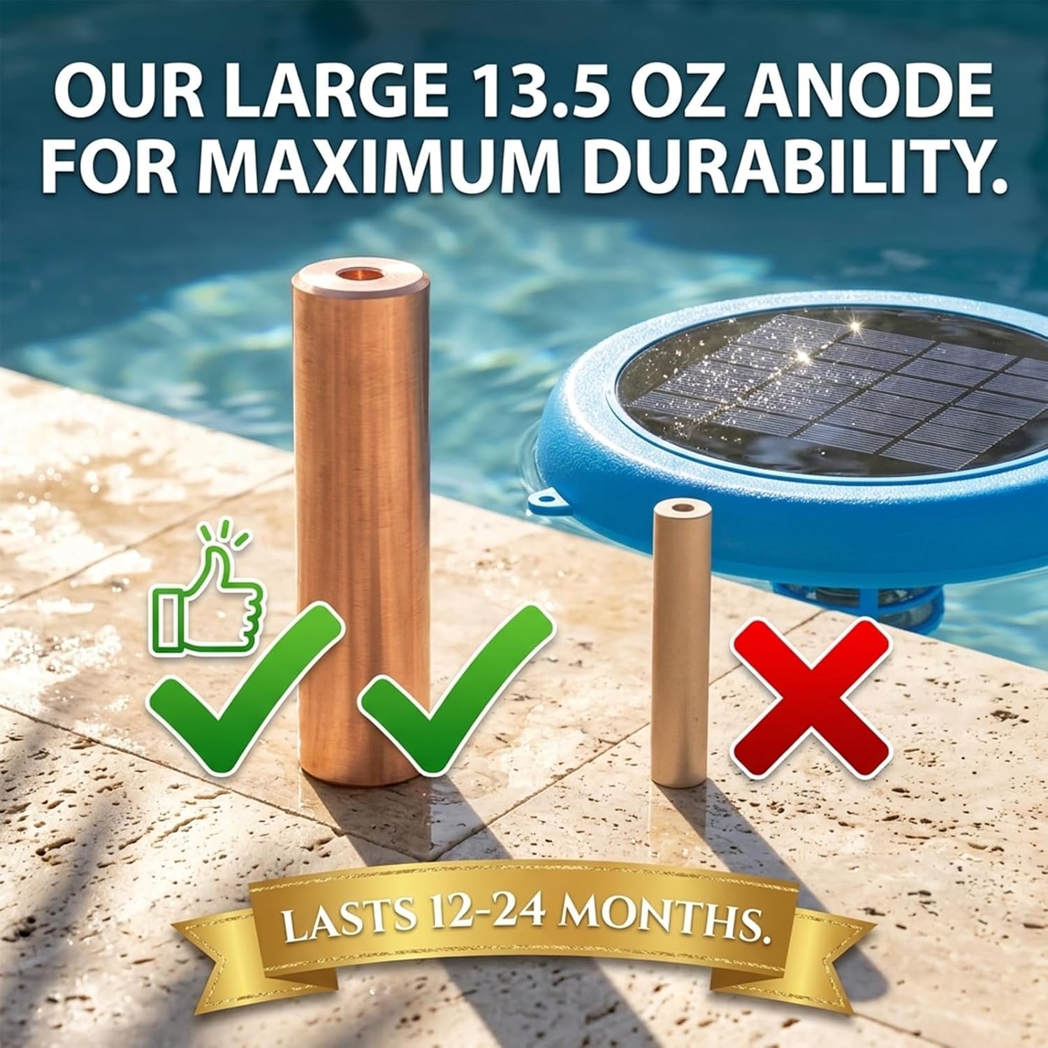 Solar Pool Ionizer, Floating Pool Cleaner for Above Ground Pools Up to 35,000 Gal, Automatic Water Clarifier for Inground Pools, Durable Copper Anode, 85% Less Chlorine
