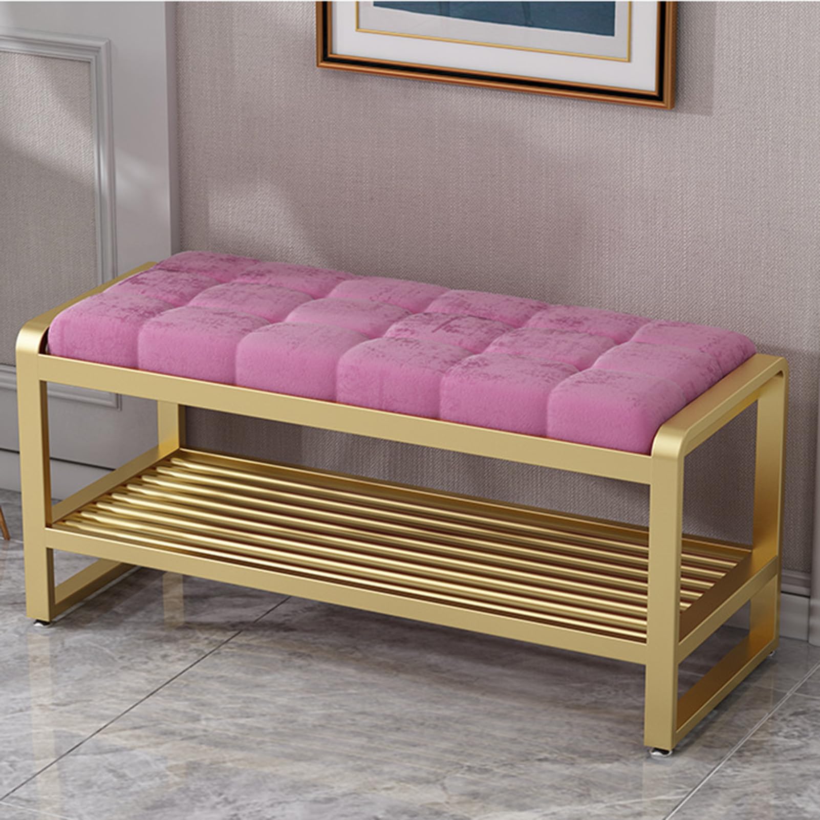 Banc de rangement d'entrée en bois 60cm avec coussin confortable et étagère à chaussures
