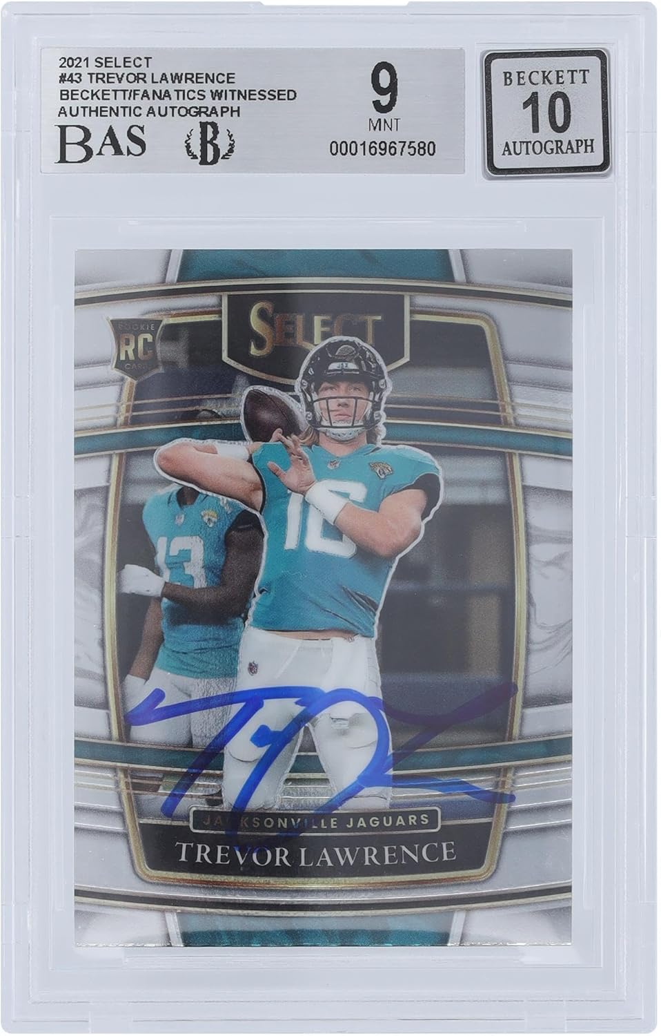 Trevor Lawrence Jacksonville Jaguars Autographed 2021 Panini Select #43 Beckett Fanatics Witnessed Authenticated 9/10 Rookie Card - Football Slabbed Autographed Rookie Cards