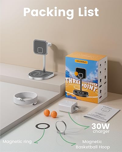Miniatura 7 de KU XIU X85 - Estación de carga 3 en 1 de 3 puntos para Apple, soporte de cargador inalámbrico magnético de aleación de aluminio con mini baloncesto