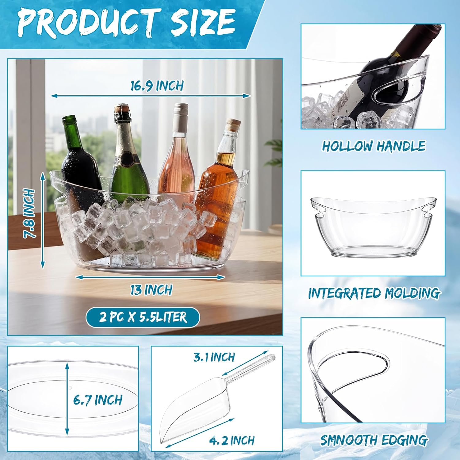 meekoo 104 Pcs Portable Ice Bucket and Plastic Champagne Flutes with Scoop for Cocktail Bar Recyclable Champagne Cups and Cooler for Baby Showers Wedding Engagement Party Mimosa Bar(Glitter)