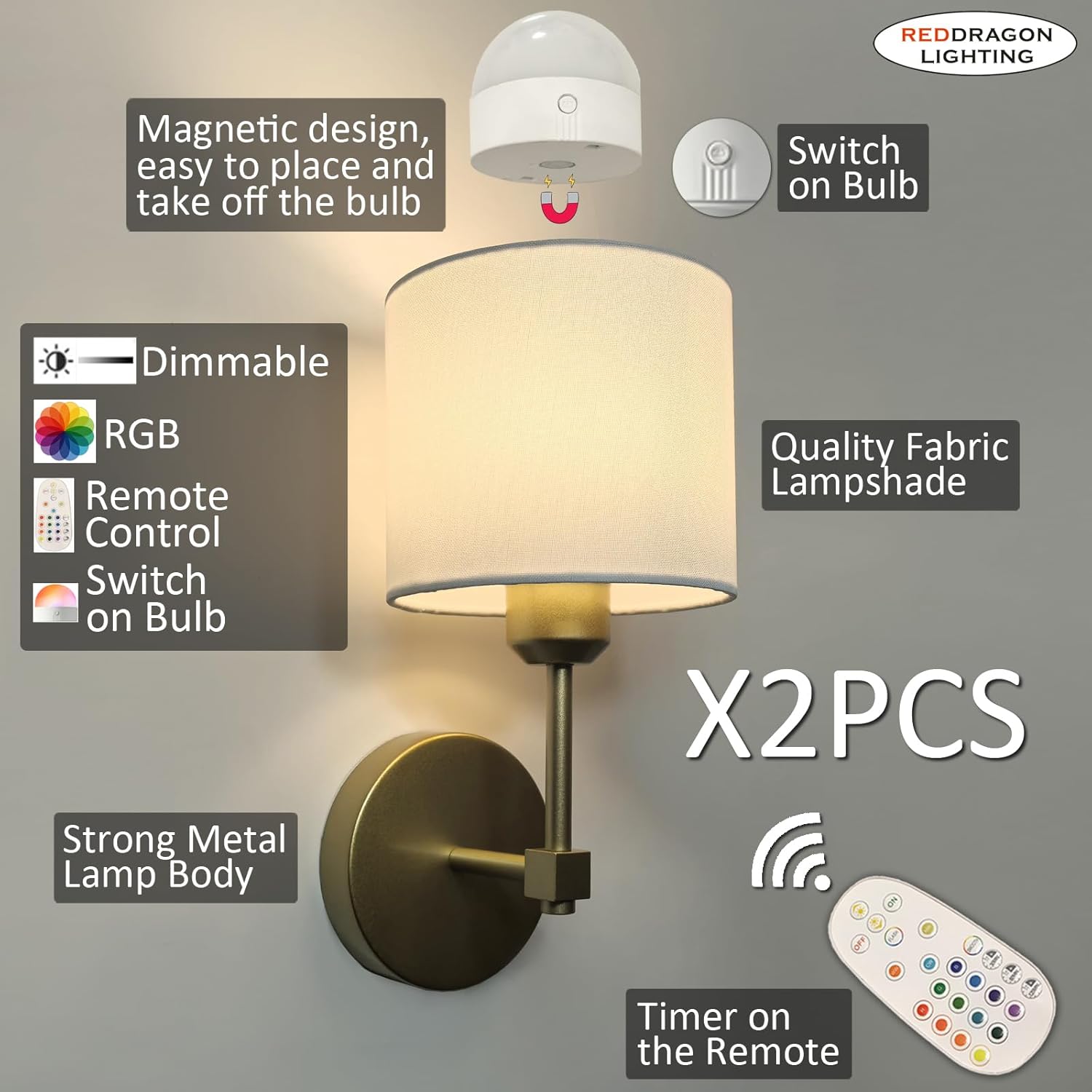 Easy Install Adhesive Battery Wall Sconces Rechargeable Gold Set of 2, No Nails Cordless Magnetic Wall Lamps Peel and Stick Decor Wall Vanity Lights for Pictures Living Room Hallway (Gold, 2-Pack)