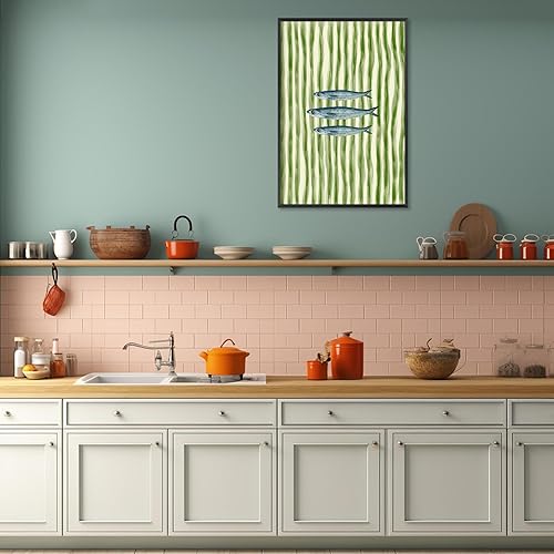 Miniatura 4 de Divertidos pósteres de lienzo de sardinas con diseño de peces a rayas verdes, arte de pared retro y moderno, impresiones estéticas de alimentos para