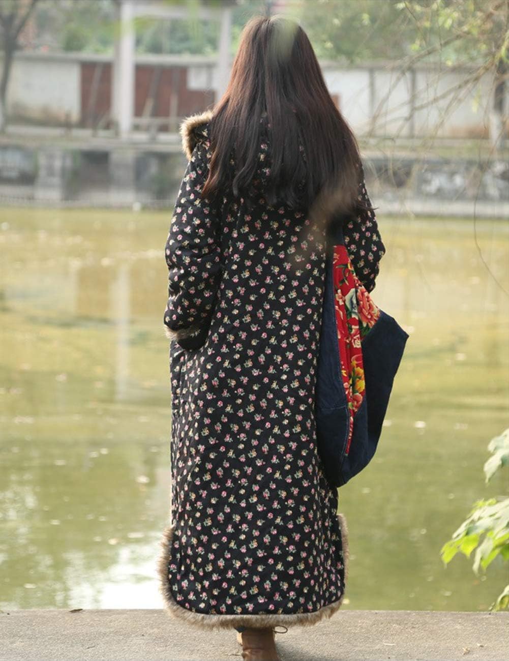 LZJN Women's Warm Overcoat Floral Print Long Jacket Cotton Linen Vintage PatchworkThin Cotton Hooded Winter Quilted - Image 6