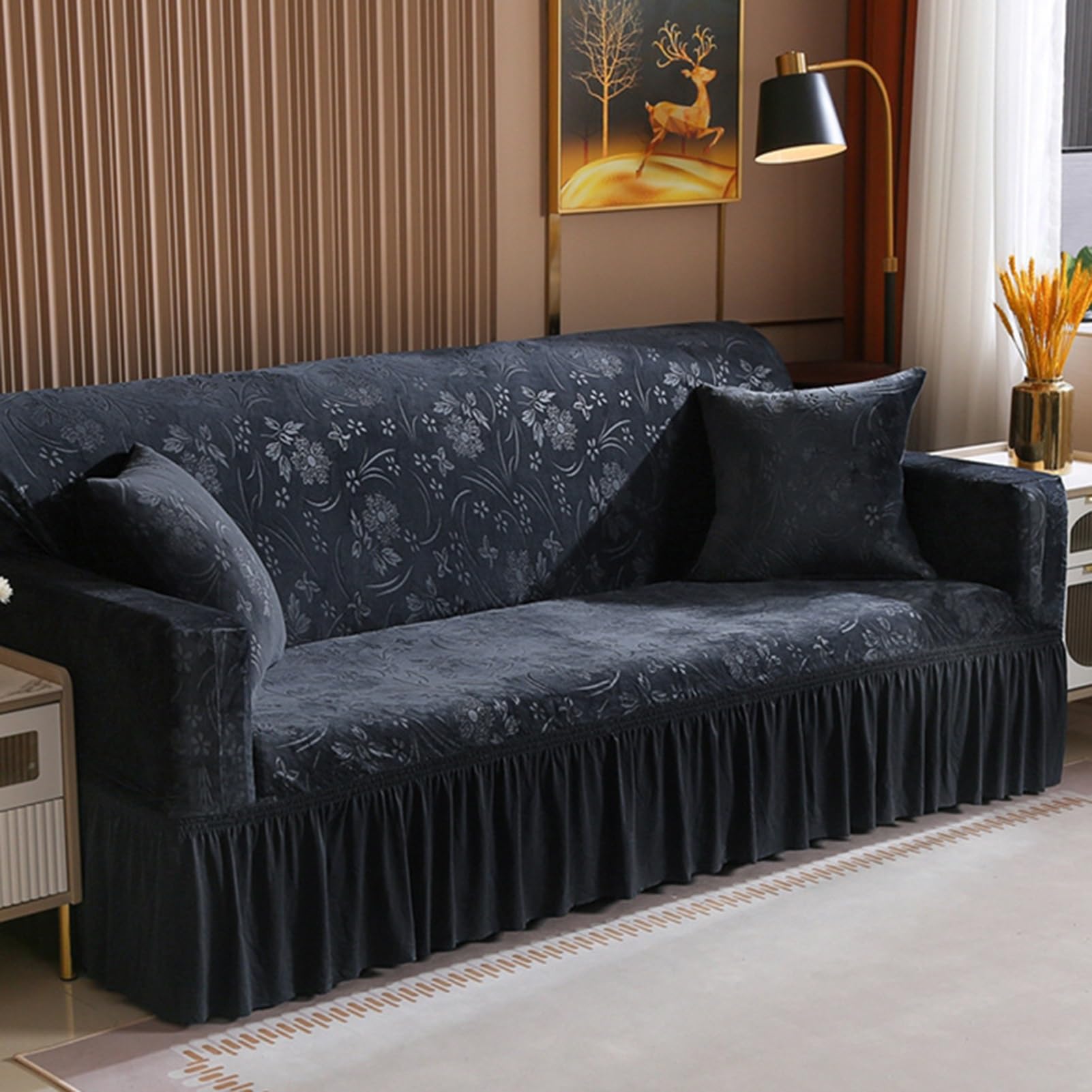 Gleedipre Elasticity sofa cover crystal European style skirt Sofa fitted sheet Double anti-slip dust-proof All-inclusive protective case(Black gray,3 seater(190-220 cm/74.8-86.6 in))