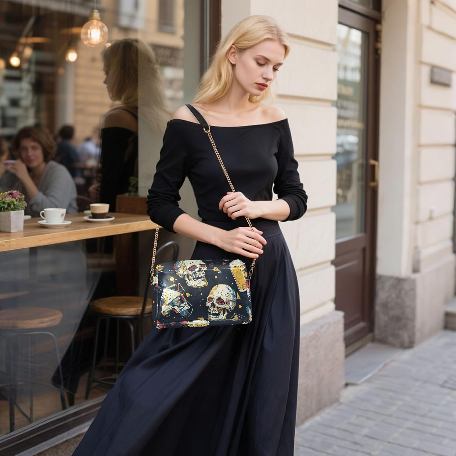 KLL Skulls Drinking Beer Geometric Style Fashion Small Crossbody Bags For Women Vegan Leather Womens Purse Cross Body Zip Ladies Shoulder Handbags