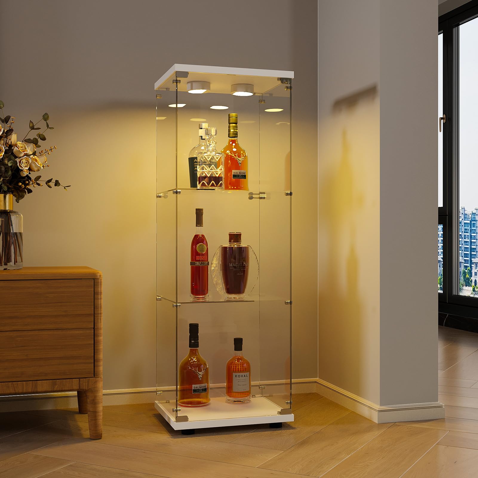 BRILVERDE Vitrina de cristal de pie, con LED, 3 pisos, con puertas y cerradura, para coleccionistas, libros, vino, oficina, salón (blanco, 125 x 42 x 36 cm)