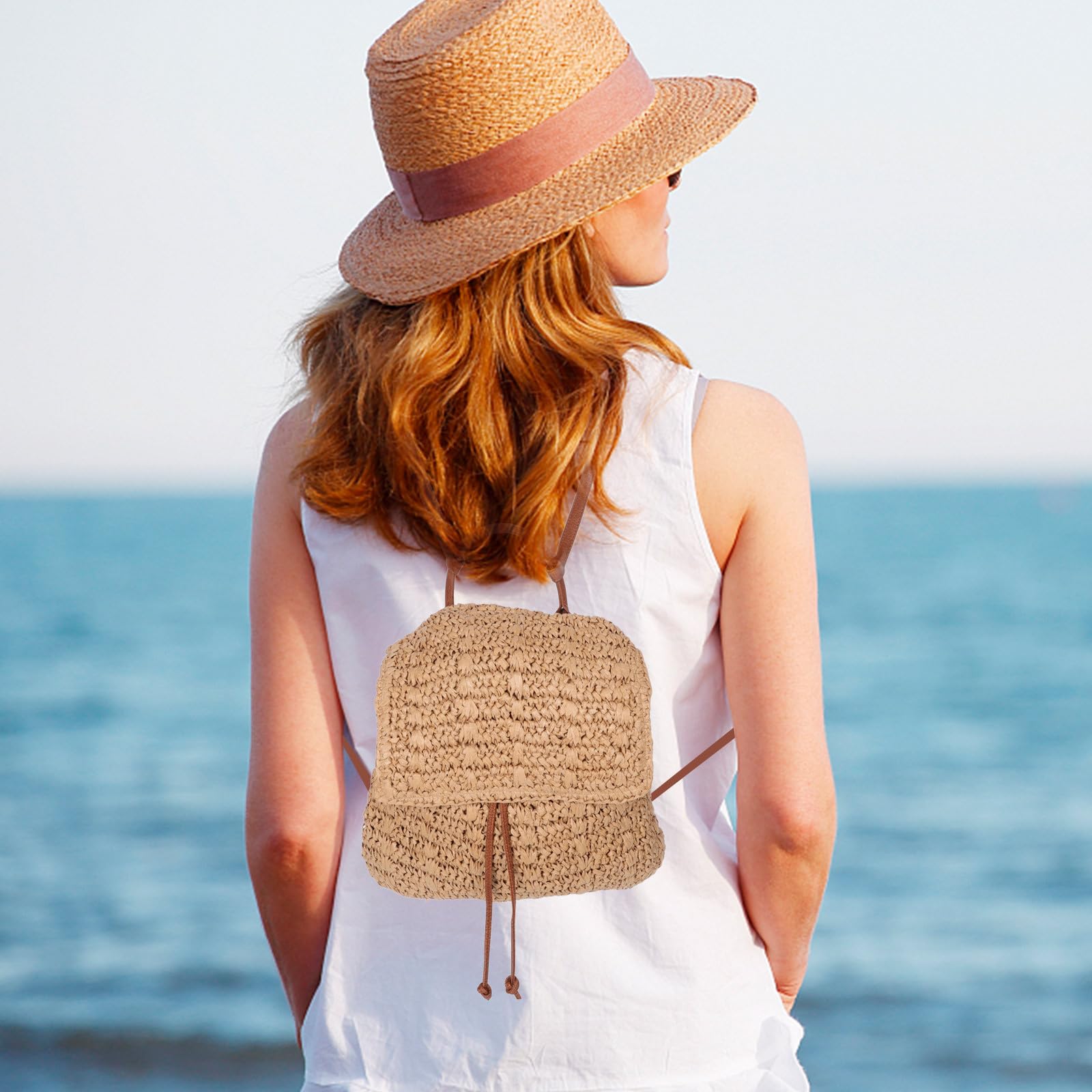 PLAFOPE Mochila Boho para Mujer de Paja Tejida con Gran Capacidad y Cierre de Cordón, Bolso de Playa Elegante para Salidas Casuales en Verano