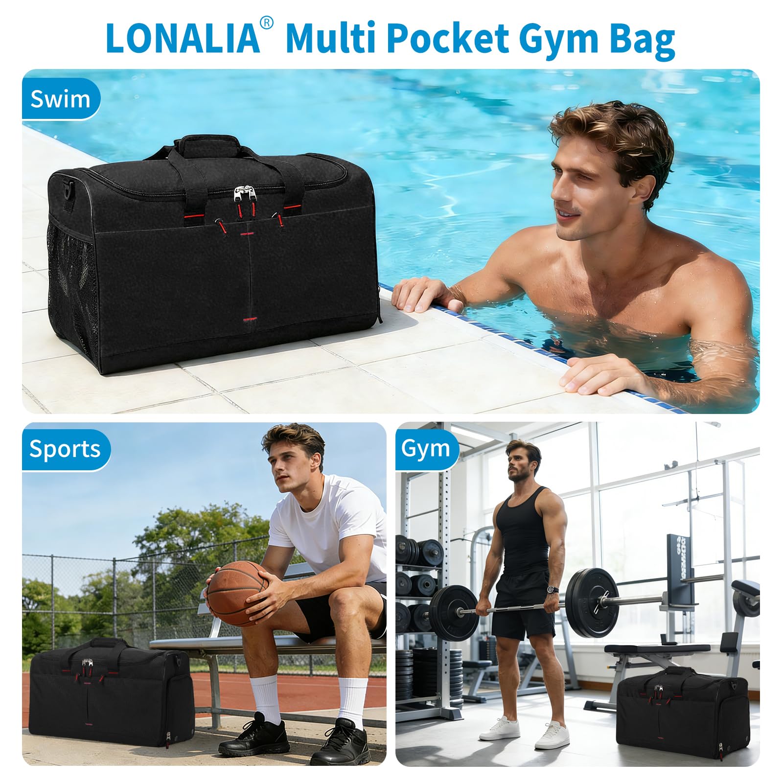 55 l torba sportowa i torba podróżna dla mężczyzn, duża, czarny, Sporttasche 21 Zoll, LONALIA 55 l torba sportowa torba podróżna z kieszenią na buty