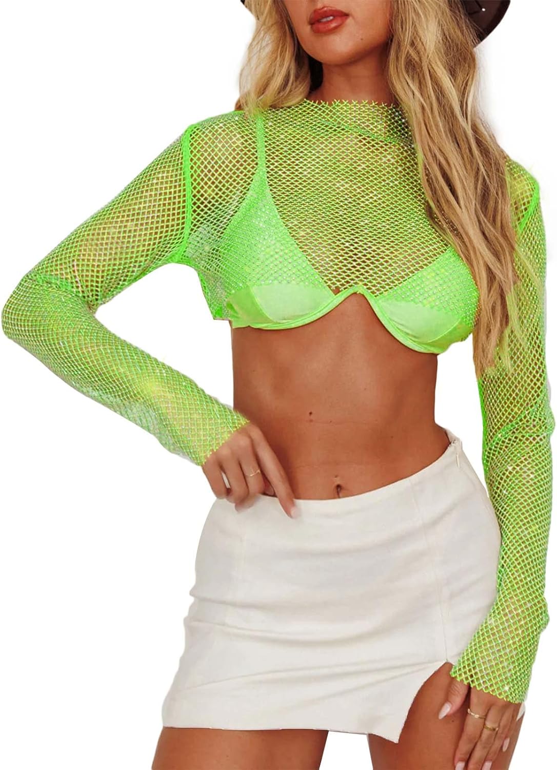 BEJONS Women Rhinestone Top Black Mesh Chain Fishnet Long Sleeve Outfit - Sparkly Crystal Rave Crop Shirt