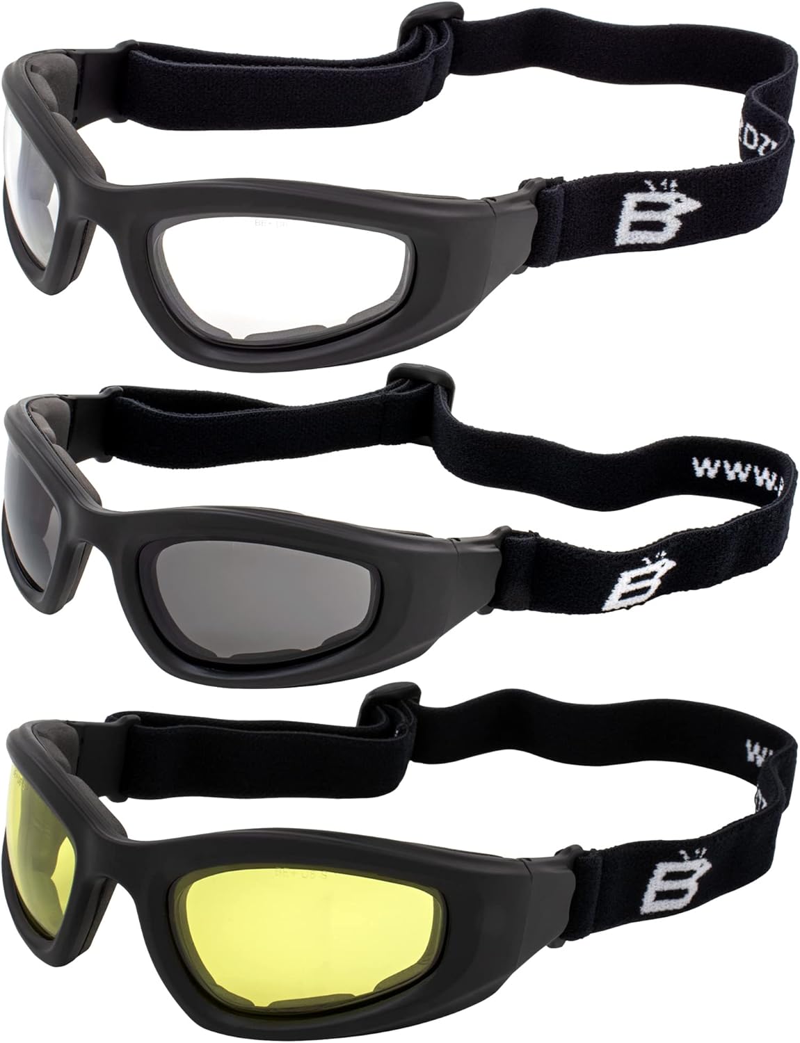 Birdz Eyewear Soar Safety Motorcycle Goggles 3 Pairs Black Frames with Smoke Clear Yellow Lenses