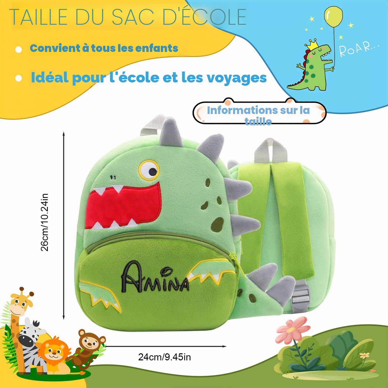 Brodé Sac a dos Personnalisé Enfant avec Nom Brodé,Sac à dos Bebe Crèche Personnalisable, Cadeau de fournitures pour la Rentrée Scolaire,15 Styles de Sacs d'école avec Animaux#1
