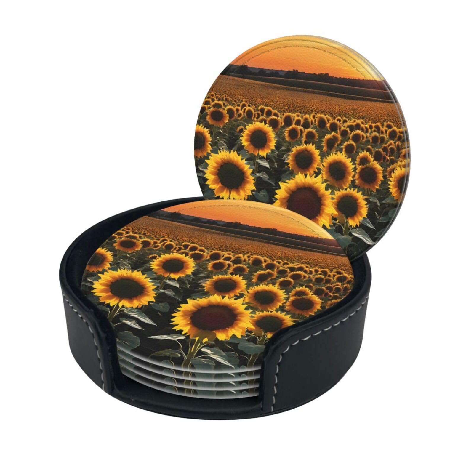 Farm Sunflowers Print Coaster,Round Leather Coasters with Storage Box for Wine Mugs,Cold Drinks and Cups Tabletop Protection (6 Piece)