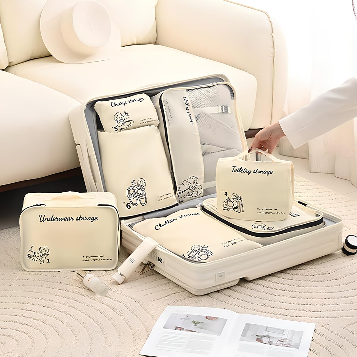 TANGOTOK7 Set Packing Cubes Luggage Packing Organizers for Travel Accessories-Cream, Luggage Cubes with Toiletry Bag, Travel Essentials, Gifts for Women