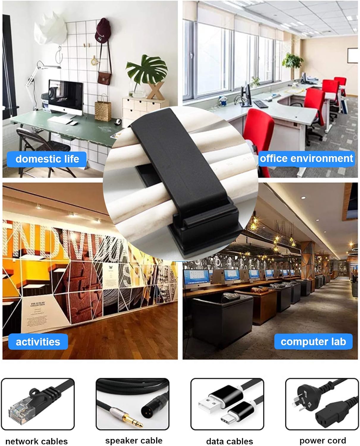 50 Pack Strong Self-Adhesive Cable Management Clips, Black Cable Organizers, Drilling-Free Cord Holder for TV Computer Laptop Office and Home