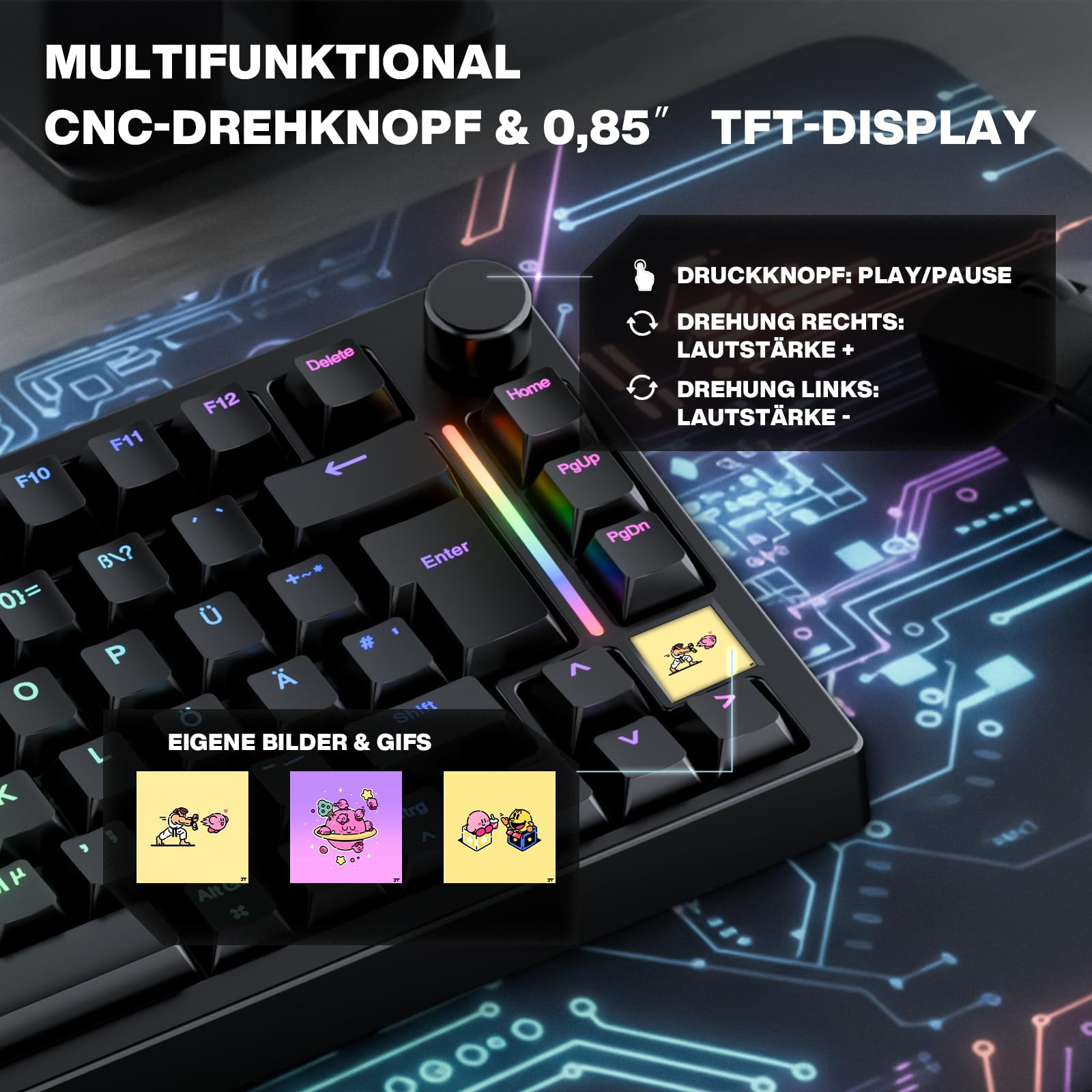 GK GAMAKAY TK75HE V2 75% Kabelloses Gaming Tastatur QWERTZ ISO-DE Layout TFT Bildschirm BT 2.4GHz USB-C 8KHz 0,005mm RT Hall Effekt Magnetschalter Schwarz
