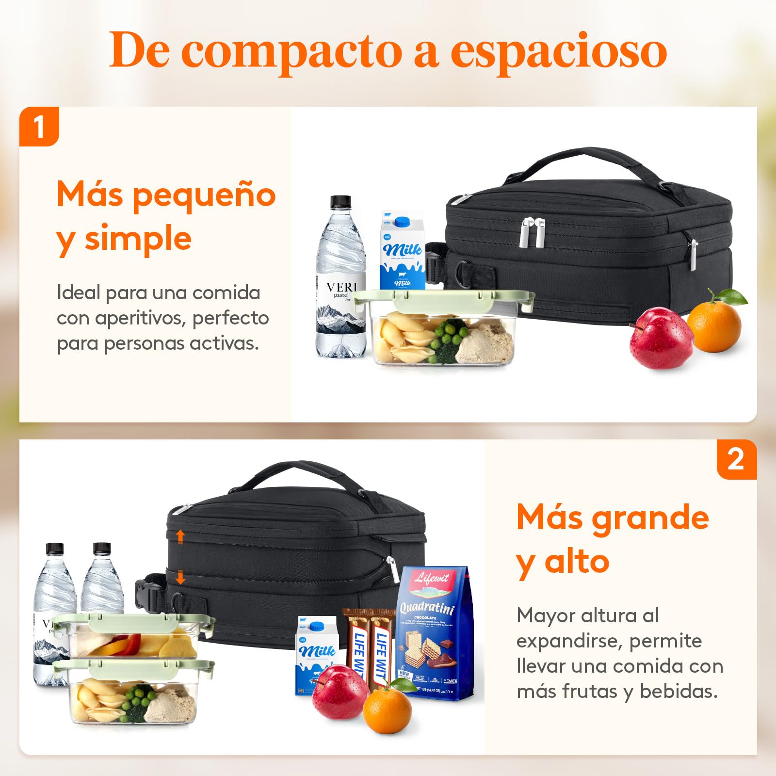 Lifewit Bolsa Termica porta Alimentos Expandible, Nevera Bolsa Comida Trabajo con 2 Bolsas de Hielo, Nevera Portatil Pequeña para Playa, Picnic, Viaje, Negro, 6.5L