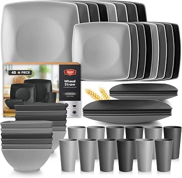 Teivio 48-piece Plates and Bowls Sets, Square Kitchen Dishes Set for 12