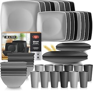 Teivio 48-piece Wheat Straw Square Dinnerware Set for 12, Unbreakable Dinner Plates, Salad Plates, Snack Bowls, Tumblers 13.5 oz, Dishwasher Safe, Plastic, Kitchen Outdoor Camping Dish, Gray Ombre