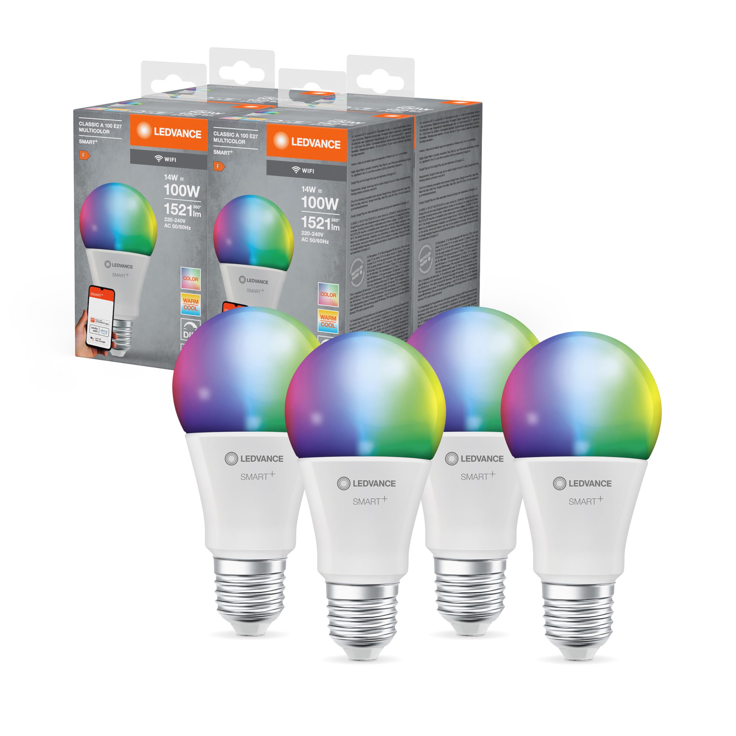 LEDVANCE Lampada LED SMART+ WIFI, smerigliata, 14W, 1521lm, forma classica a goccia con E27, luce colorata e luce bianca, controllo tramite app o vocale, durata fino a 20.000HR, confezione da 4