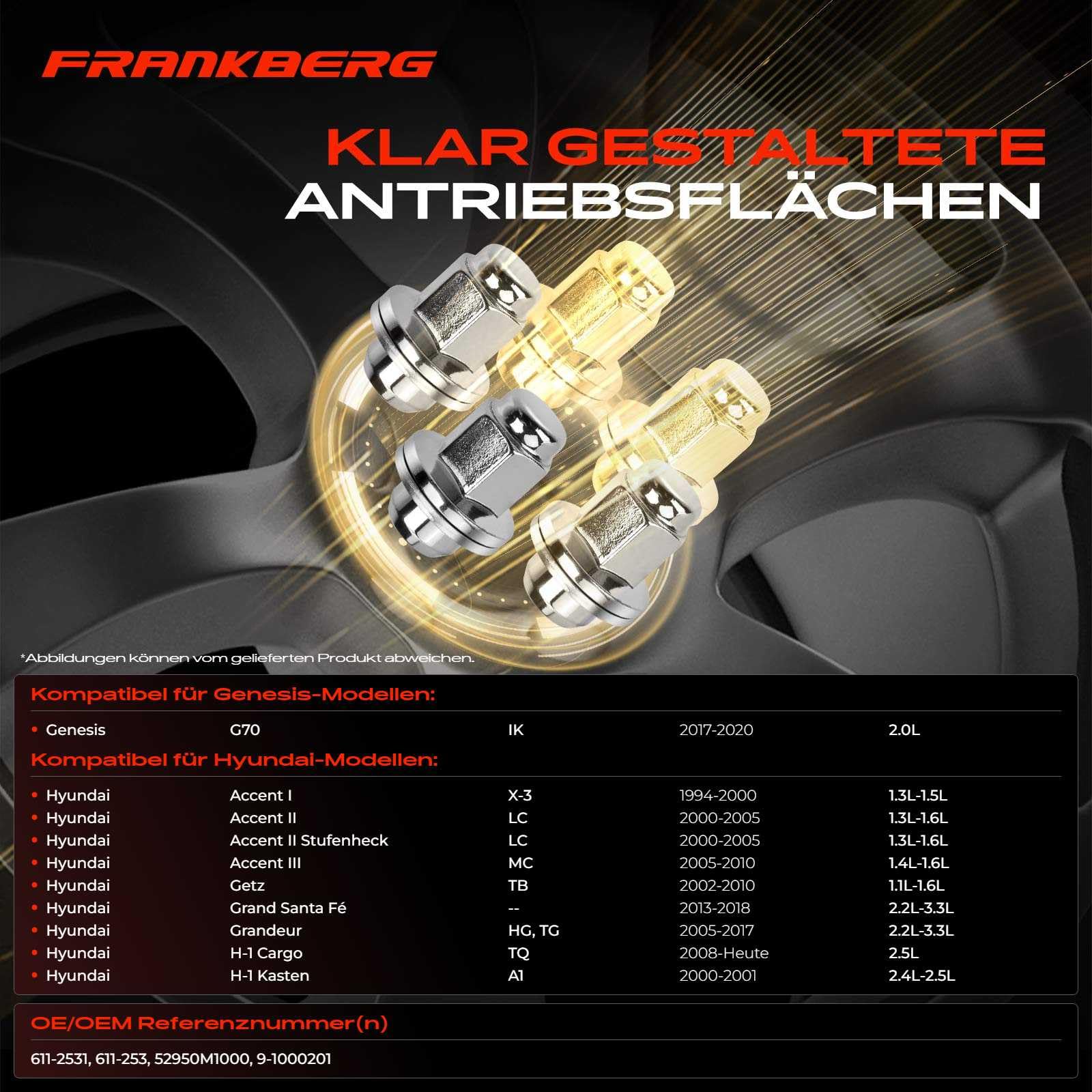 Frankberg 5x Dadi per ruota Bulloni per ruota Compatibile con i20 Coupé GB i10 BA IA i30 FD Tucson TL TLE i10 PA Replace# 9-1000201