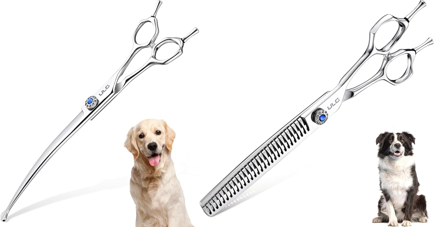 ULG 7'' Curved Curved Dog Grooming Scissors Set for Cutting and Thinning, 440C Stainless Steel Pet Hair Scissors