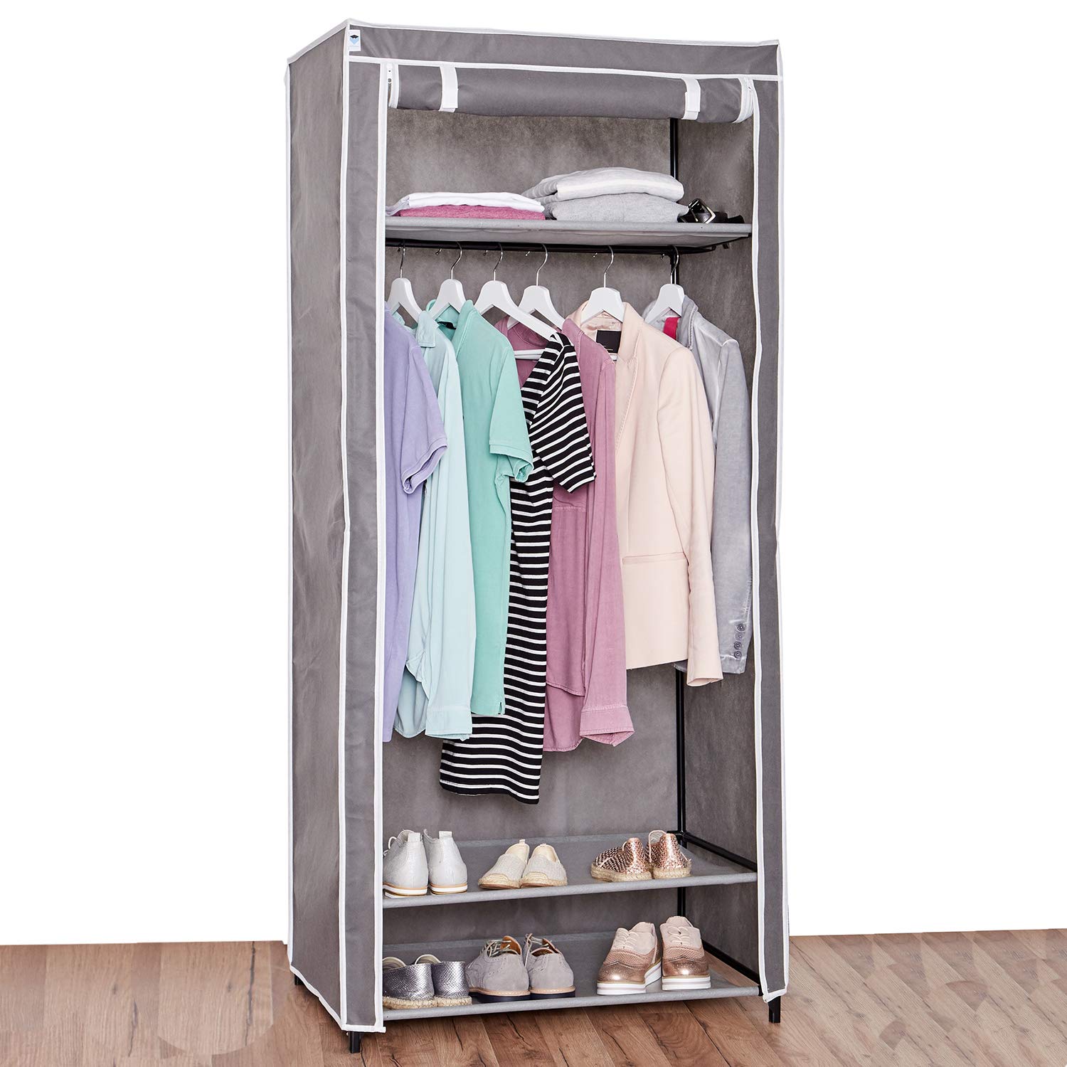 LOVE IT STORE IT Stoffschrank mit Kleiderstange und Ablagefach - Faltschrank für die Aufbewahrung von Kleidung, Schuhen und mehr - Grau Uni - 80 x 50 x 175 cm (LxBxH)