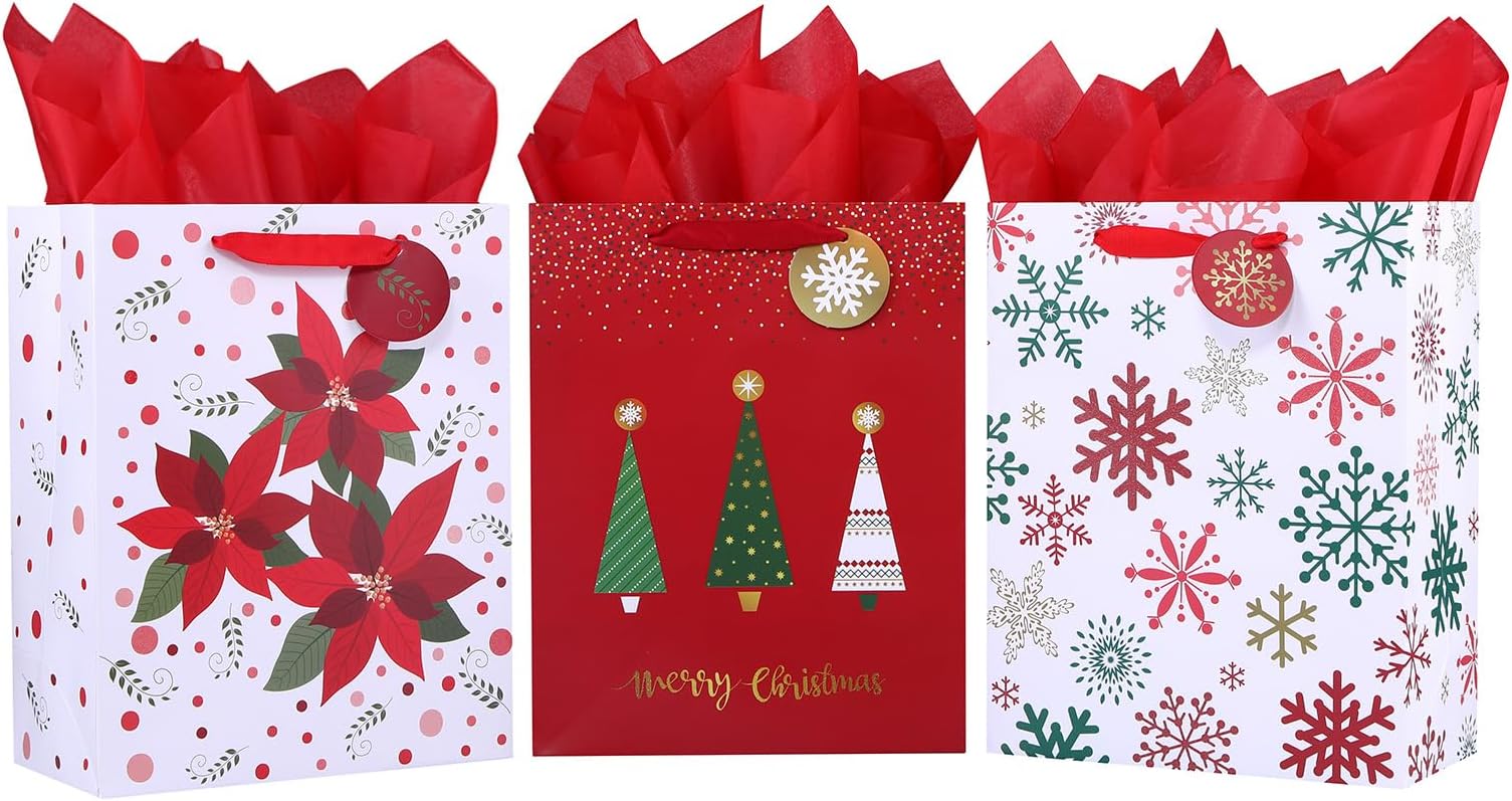 SUNCOLOR 3 Pack 13" Large Christmas Gift Bags with Tissue Paper