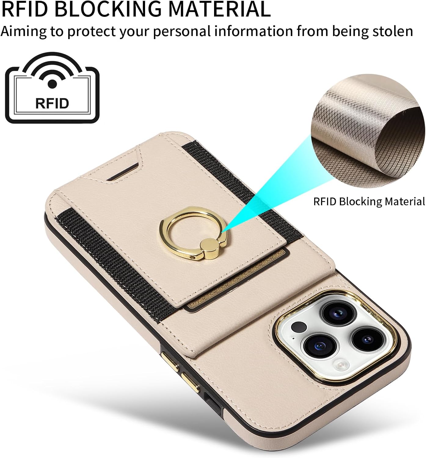 for iPhone 14 Pro Max Wallet Case with Credit Card Holder and 360° Rotation Ring Stand, RFID Block Flip Leather Shockproof Cover for iPhone 14 Pro Max-Beige - Image 6
