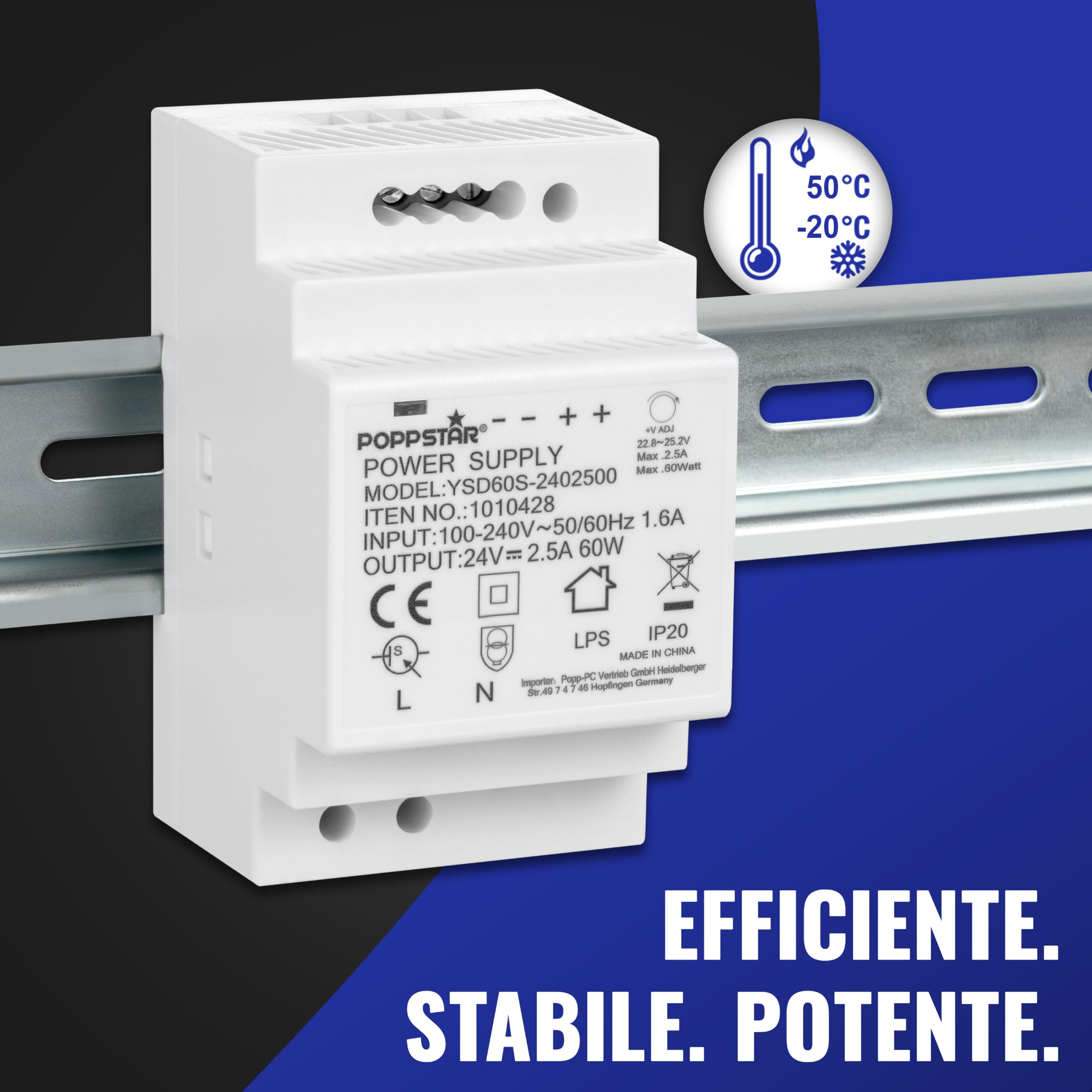 Poppstar Alimentatore per guida top-hat P-60-12- 24V DC 2, 5 A 60 W (Ingresso 100-240 V AC 50/60 Hz) Alimentatore per guida DIN Trasformatore 24 V per guide top hat 52,5 * 90 * 58mm