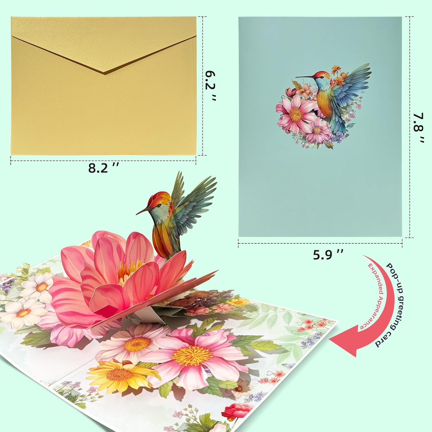 Hummingbird Pop-Up Birthday Card, 3D Floral Mother’s Day Greeting Card with Envelope, Blank Note, Sealing Stickers for Mom, Sister, Her, Grandma, Aunt, Daughter - Image 3