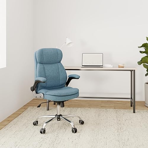 Miniatura 2 de YAMASORO Silla de oficina ejecutiva ergonómica respaldo alto sillas de escritorio para computadora con ruedas y brazos abatibles tela de lino azul