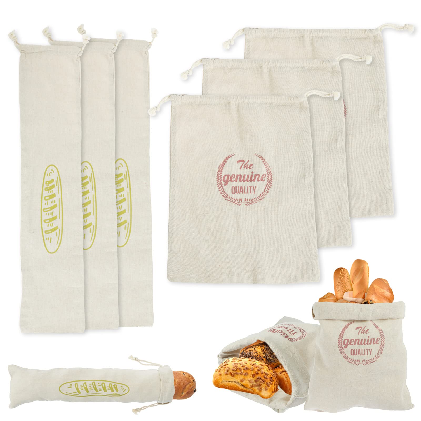 DRBIT 6 Pcs Linen Bread Bags Large Drawstring Bread Storage Bags Reusable Loaf Bags Washable Pastries Bags Homemade Food Storage Wedding Gift for Homemade Bread Bakery ZHAO(Green Barbar+Red Bread Bag)