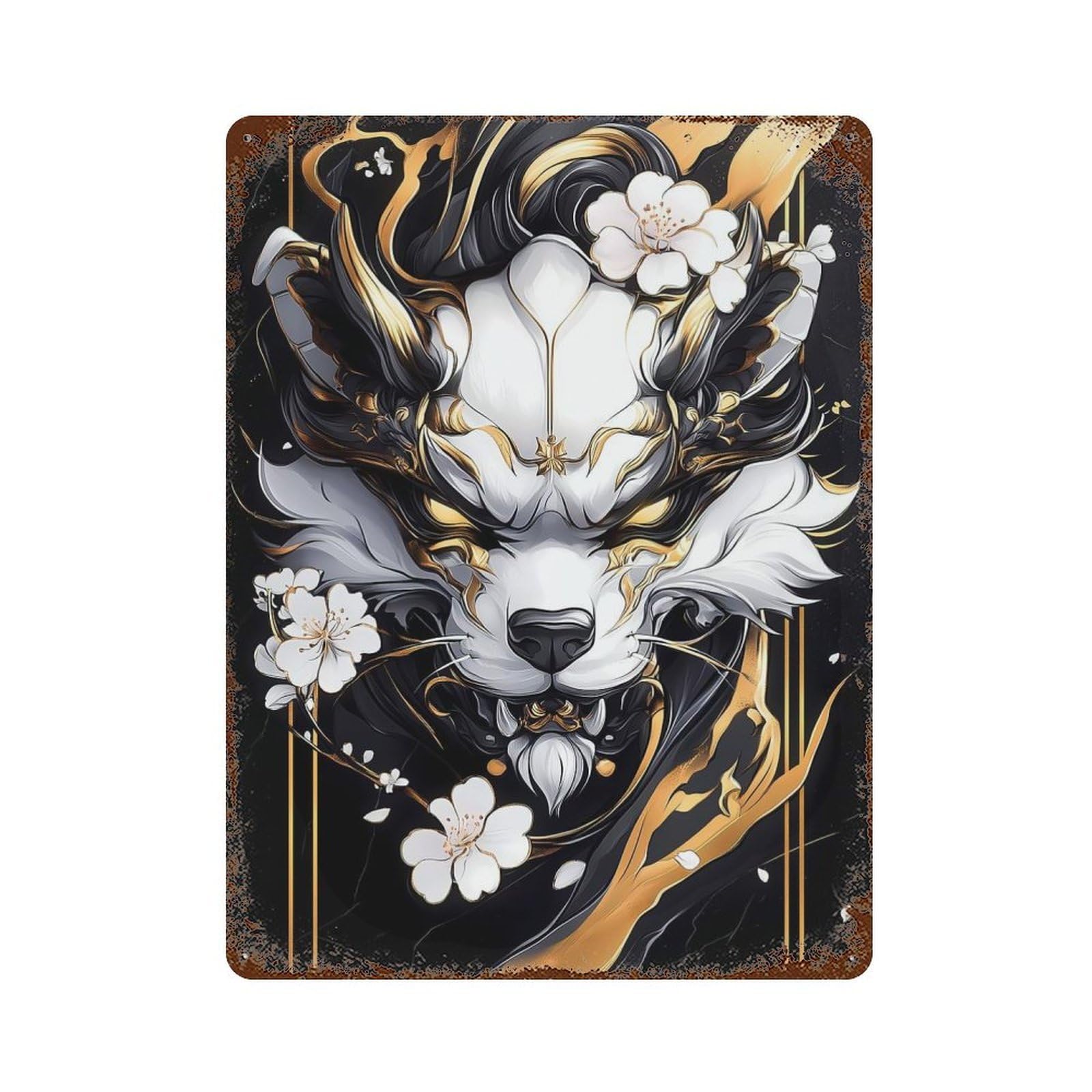 Garage Style Shih Tzu Dog Golden with Cherry Blossoms Aged Metal Wall Plaque 15.7"x11.8", Industrial Home Decor for Bar And Workshop