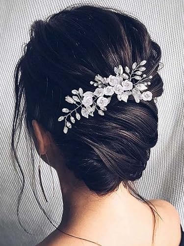 Miniatura 8 de Catery Flower Bride Wedding Hair Vine - Tocado de cristal plateado con hojas de novia, accesorios para el cabello para mujeres y niñas