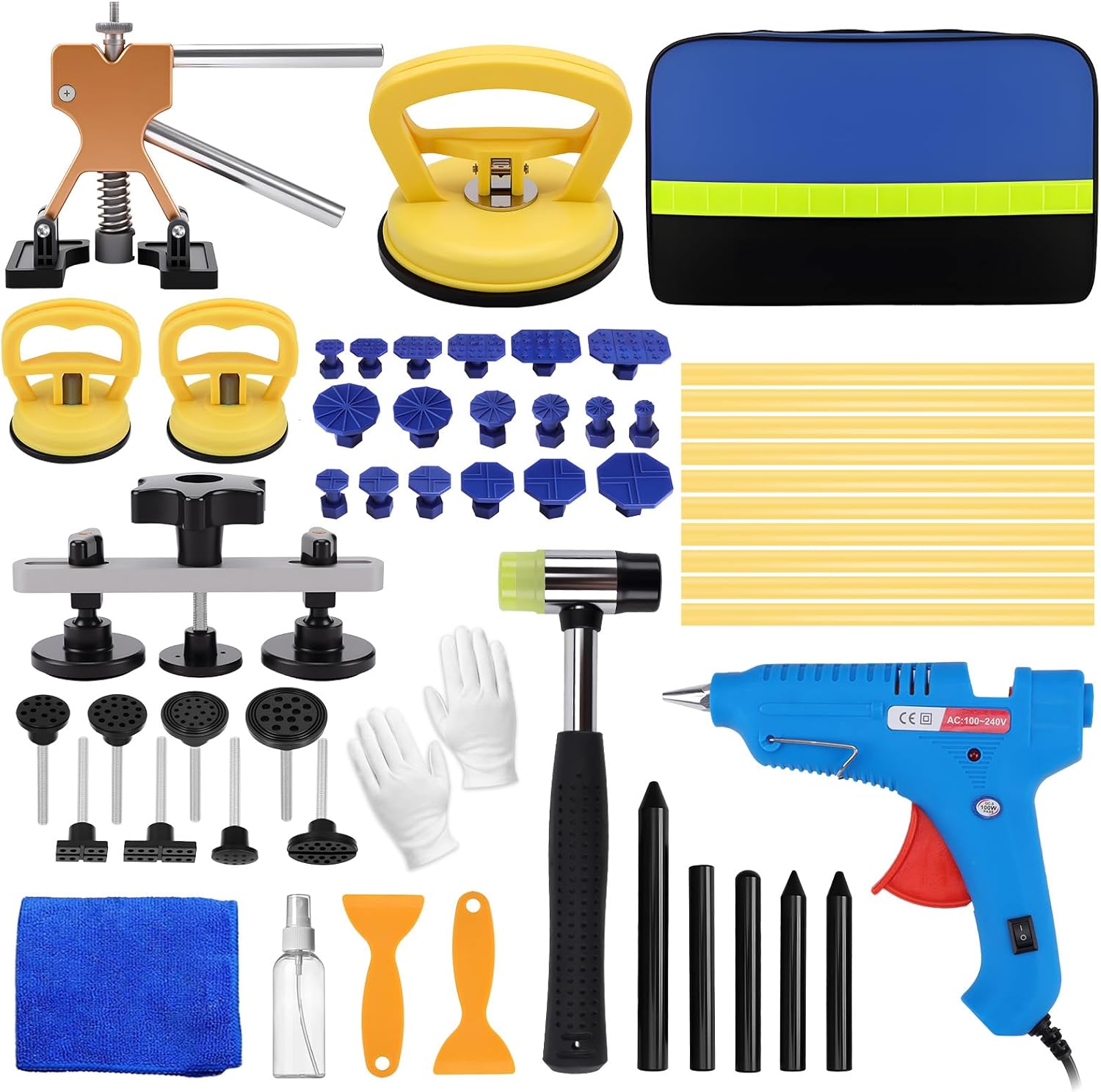 55Pcs Dent Puller Kit Professional Car Paintless Dent Removal Kit with Golden Lifter Bridge Puller Dent Repair Kit Auto Body Dent Remove Hail Damage Repair Kit Body Repair Dent Removal Tools