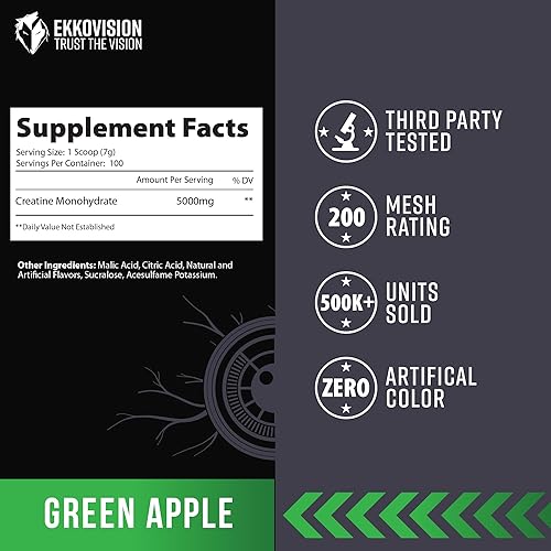 Miniatura 4 de Ekkovision Polvo de monohidrato de creatina micronizado, manzana verde, suplemento para pre y post entrenamiento para hombres y mujeres, apoyo