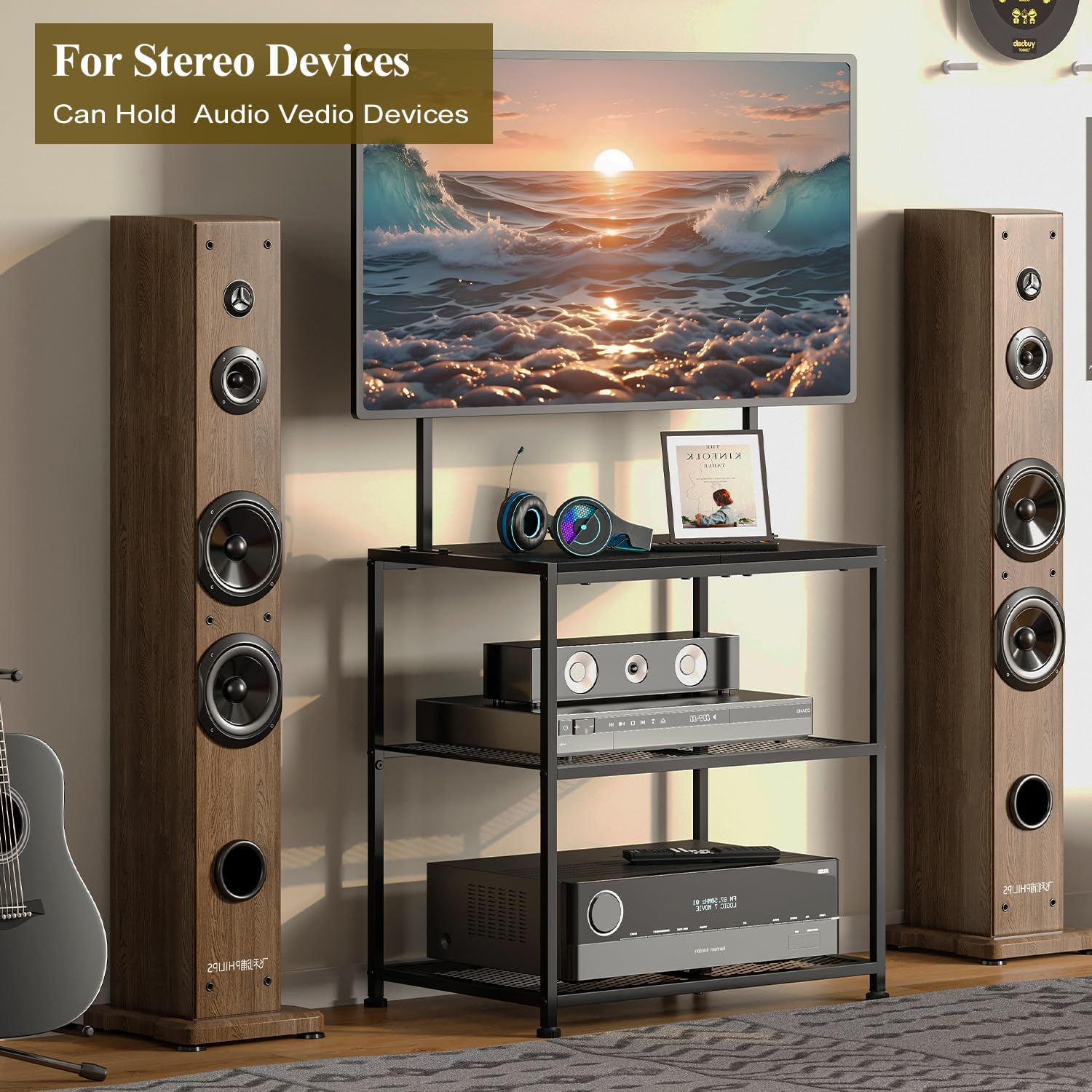 23 Inch to 50 Inch Floor Small Corner TV Stand with Storage Shelves for Living Room Bedroom, Universal Floor Television Stands with Mount, Farmhouse Black TV Table Desk Shelf for Small Spaces