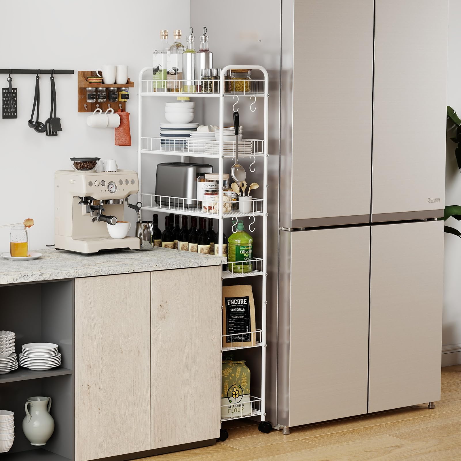 HAUSPROFI Küchenregal Schmal, 6 Etagen Regal mit Rollen, 4 Abschließbaren Rädern und Fußpolstern, 6 Haken, Griff und Korb, für Enge Räume wie Küche, Badezimmer usw., Weiß (58,0 × 25,4 × 155,5 cm)