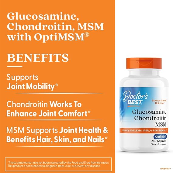 Doctor's BEST Glucosamine Chondroitin MSM - Joint Health Support Supplement for Women & Men, Nutritional Support for Joint Strength, Hair, Skin, Nails, Gluten Free, Non GMO - 240 Capsules