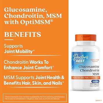 Doctor's BEST Glucosamine Chondroitin MSM - Joint Health Support Supplement for Women & Men, Nutritional Support for Joint Strength, Hair, Skin, Nails, Gluten Free, Non GMO - 240 Capsules
