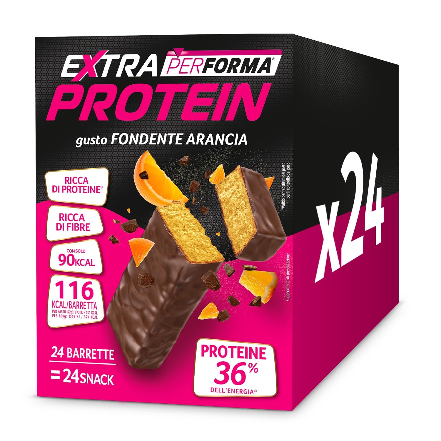 Performa EXTRA PROTEIN, Barretta Fondente Arancia, Barrette proteiche al gusto di Cioccolato Fondente e Arancia, Fonte di vitamine, proteine e fibre, 27g, Multipack da 24 barrette