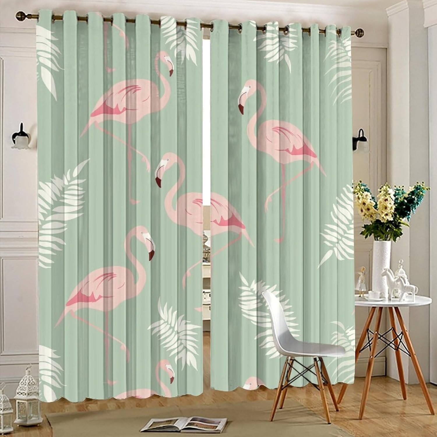 Abstract Flamingos Curtains for Bedroom, Palm Leaf Plant Fantasy Grommet Blackout Curtains Thermal Insulated Window Drapes for Living Room, 21W x 63L, 2 Panels