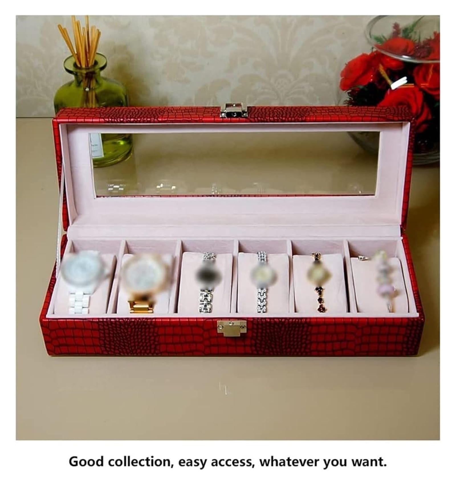 Uhrenbox, Uhrenbox, Aufbewahrungskoffer, Leder, Herrenuhr, Organizer, 6 Fächer, mit Glasdeckel, abnehmbare Kissen, Uhrengehäuse (A)