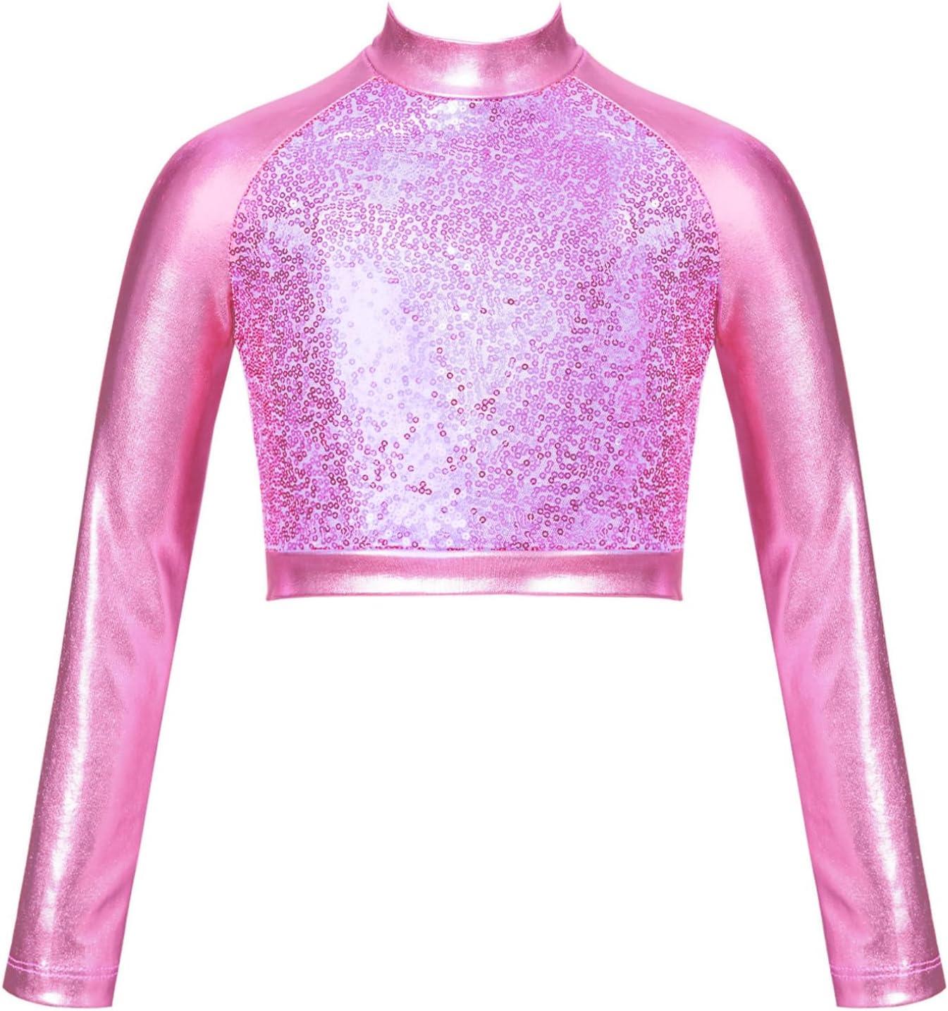 FEESHOW Girls Sequins Metallic Dance Crop Tops Kids Long Sleeve Mock Neck Tank Tops Gymnastics Ballet Dance Costumes