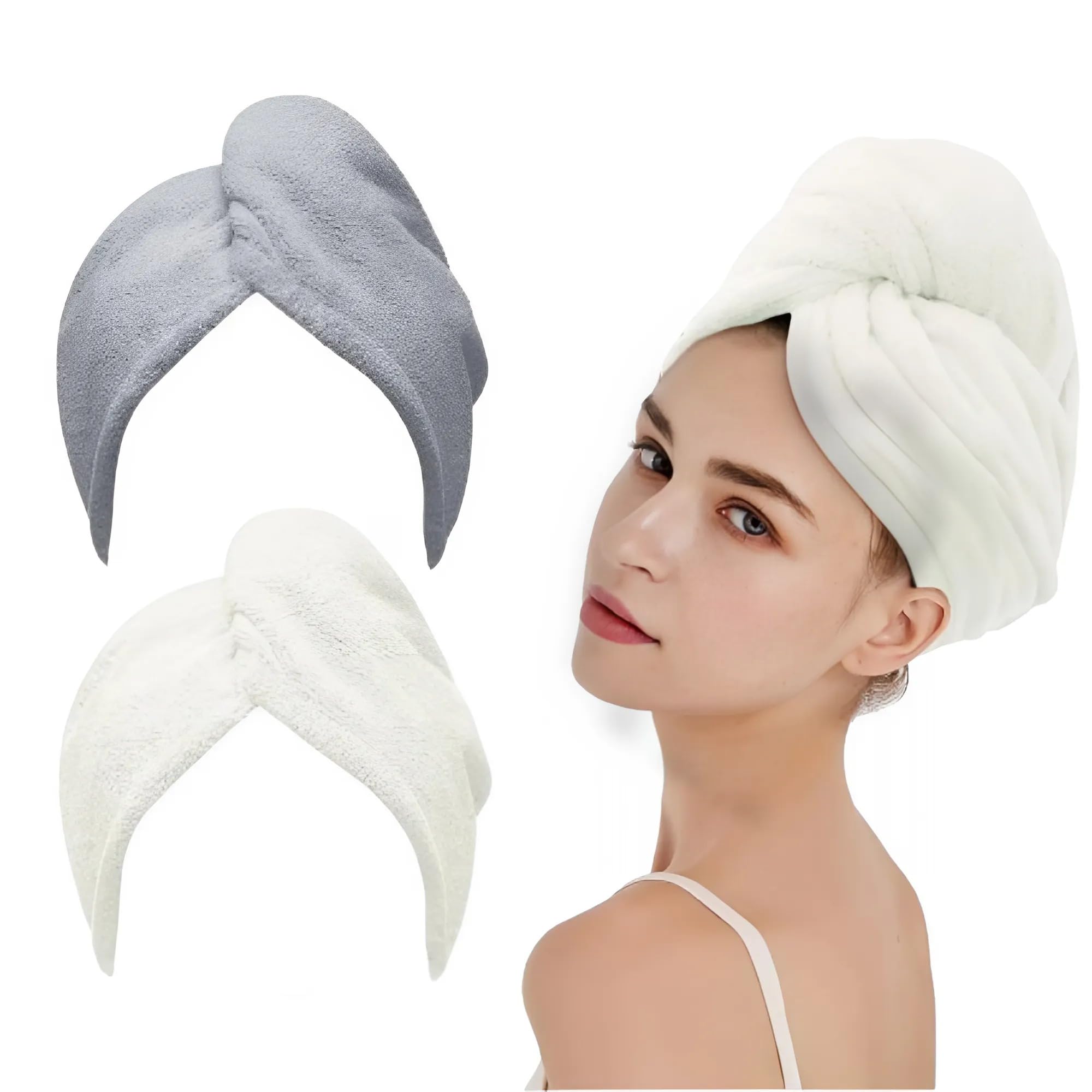 Amor Decor Toalla para el Cabello x2, Toalla con Botones, Toallas para secar el Pelo sin encrespamiento - Gris y Blanco, Pack de 2 Toallas para Pelo Mujer