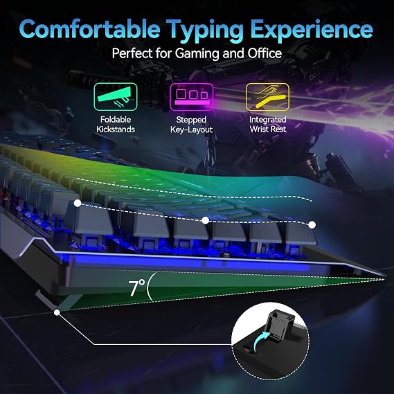 TECKNET Wireless Gaming Keyboard, 2.4G & Wired, RGB Backlit, Black