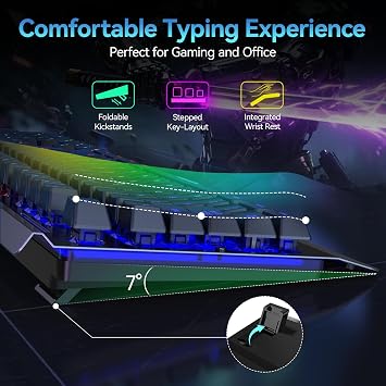 TECKNET Wireless Gaming Keyboard, 2.4G & Wired, RGB Backlit, Black